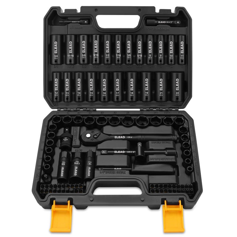 ELEAD 38 Drive Impact Socket Set 96Piece Deep Shallow Socket Set Metric and Standard Full with Adapters Ratchet Handle Universal Joint Extension Bar Screwdriver Bit Sets Spark Plug Sockets