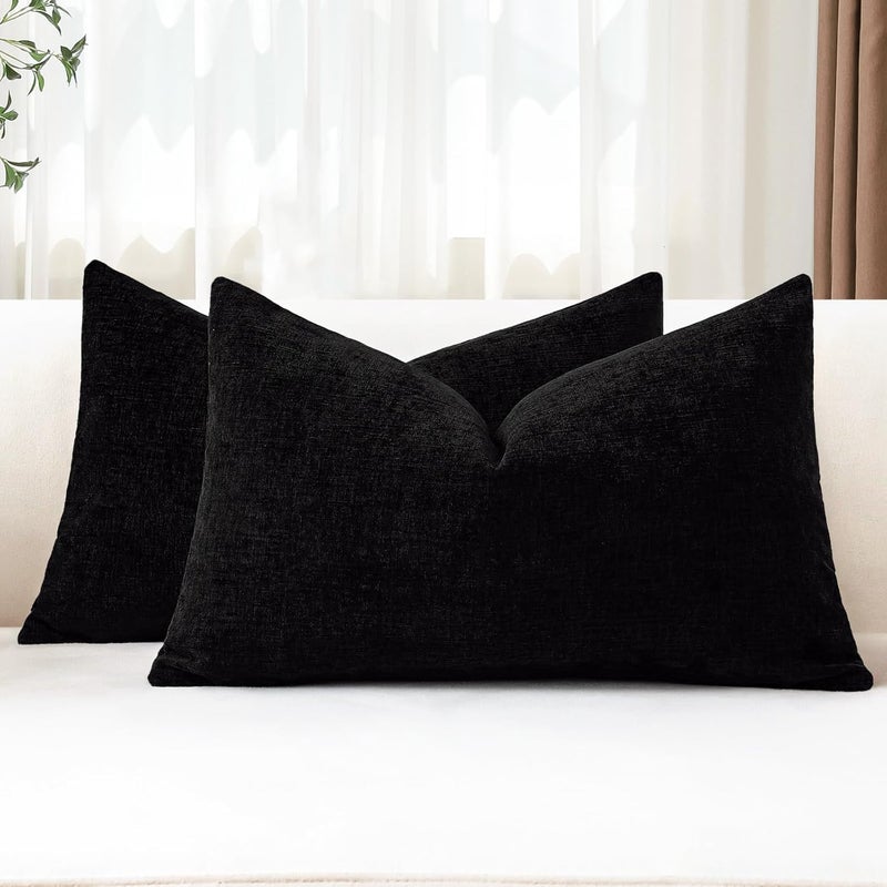 JOTOM Set of 2 Cushion Covers 30x50 cm Soft Chenille Black Decorative Throw Pillow Covers 12x20 Inch Lumbar Cushion Case Solid Pillowcases for Couch Sofa Living Room Bed Home Decor (Black) - Image 1