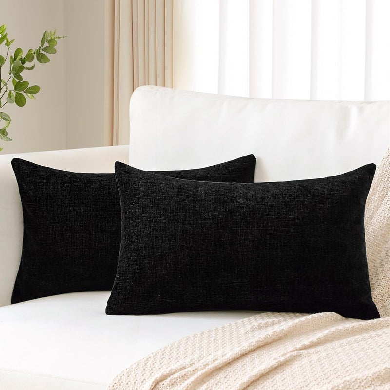 JOTOM Set of 2 Cushion Covers 30x50 cm Soft Chenille Black Decorative Throw Pillow Covers 12x20 Inch Lumbar Cushion Case Solid Pillowcases for Couch Sofa Living Room Bed Home Decor (Black) - Image 4