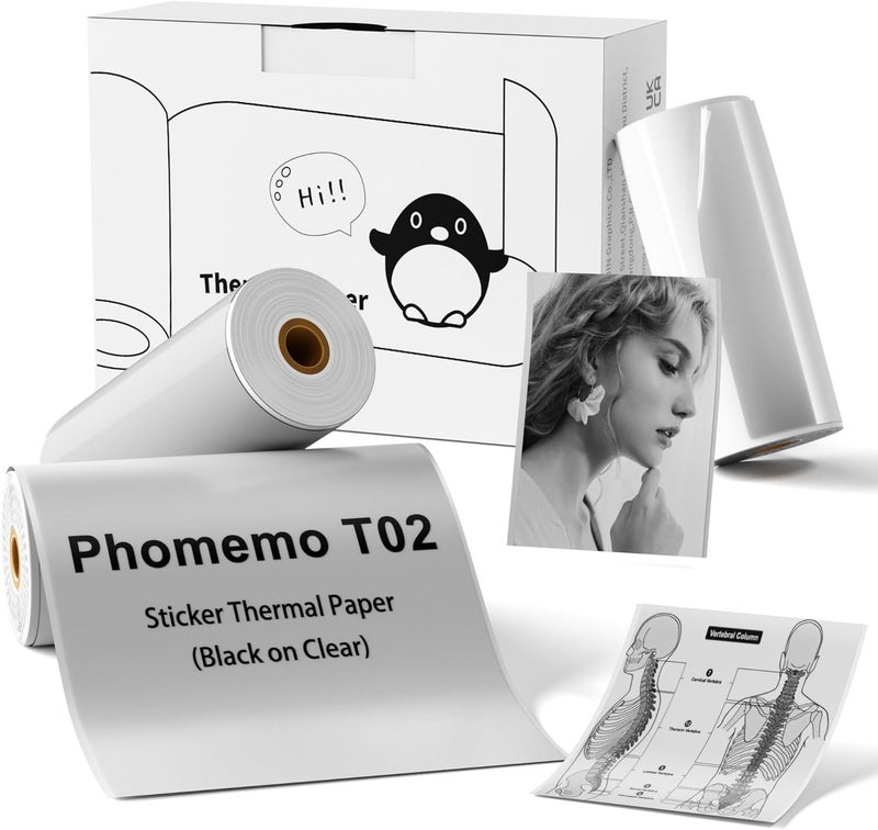 phomemo T02 Transparent Sticker Thermal Paper, Thermal Printer Paper, Compatible With T02/M02X/M02L, 1.96" X 11.4' (50Mmx3.5M/Roll), Black Text, Keep For Long Time, 3 Rolls - Image 1