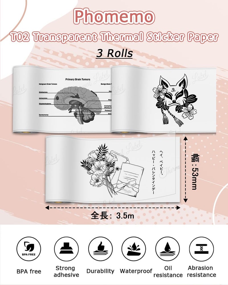 phomemo T02 Transparent Sticker Thermal Paper, Thermal Printer Paper, Compatible With T02/M02X/M02L, 1.96" X 11.4' (50Mmx3.5M/Roll), Black Text, Keep For Long Time, 3 Rolls - Image 2