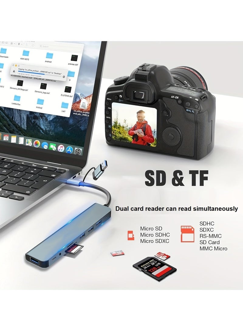 SHIXIN USB+Type-C dual port 3.0 high-speed transmission docking station, equipped with USB3.0 port, 3.5MM audio port, SD/TF card reader-8 in 1 multi-port adapter Laptop/desktop computer expansion interface Ultra-thin design, metal material, compact and portable - Image 2