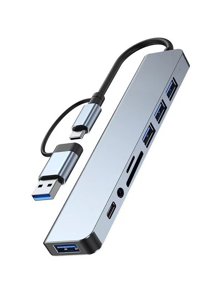 SHIXIN USB+Type-C dual port 3.0 high-speed transmission docking station, equipped with USB3.0 port, 3.5MM audio port, SD/TF card reader-8 in 1 multi-port adapter Laptop/desktop computer expansion interface Ultra-thin design, metal material, compact and portable - Image 5