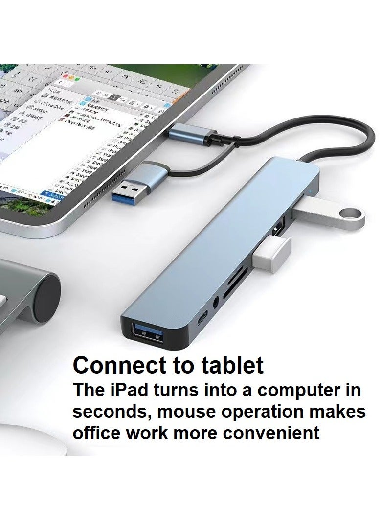 SHIXIN USB+Type-C dual port 3.0 high-speed transmission docking station, equipped with USB3.0 port, 3.5MM audio port, SD/TF card reader-8 in 1 multi-port adapter Laptop/desktop computer expansion interface Ultra-thin design, metal material, compact and portable - Image 4