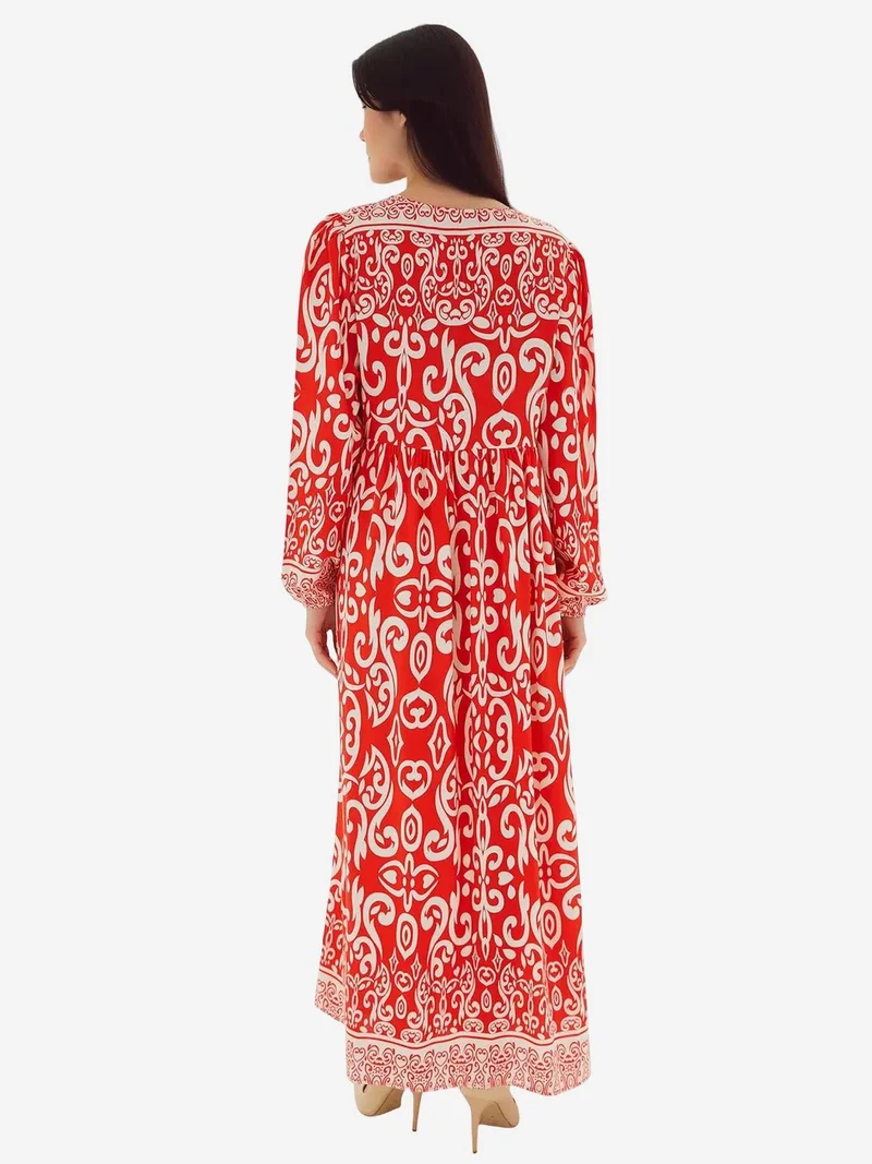 Big Dart Red BDART Patterned Maxi Dress with Tie Detail for Women | Best Price UAE