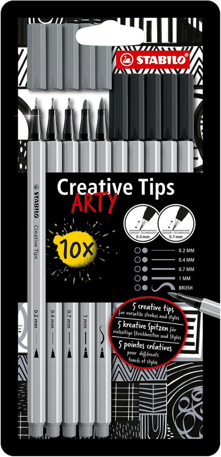 STABILO MultiTip Pen Set Creative Tips  10Piece ARTY Set  Black and Light Gray Pens  Technical drawing illustration - Image 1