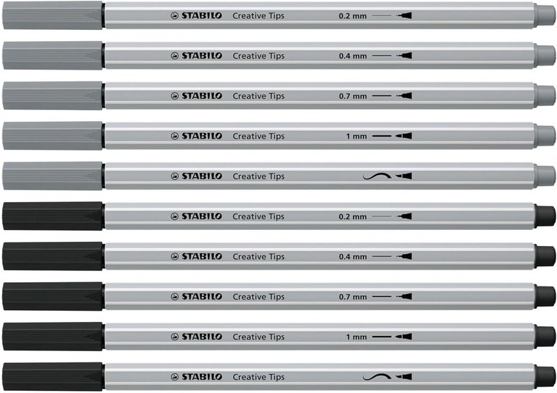 STABILO MultiTip Pen Set Creative Tips  10Piece ARTY Set  Black and Light Gray Pens  Technical drawing illustration - Image 2