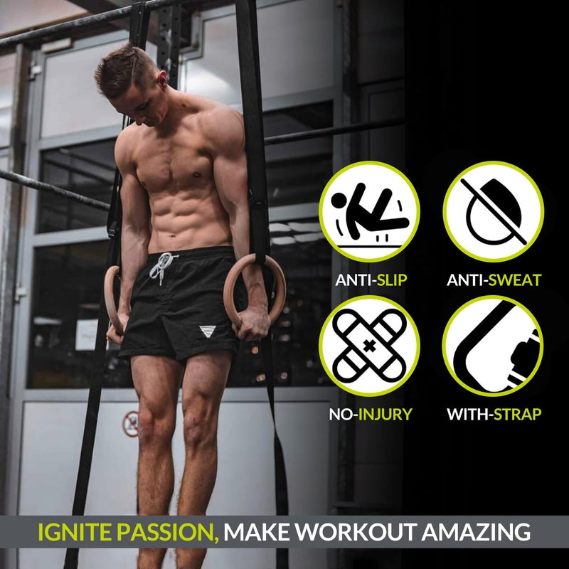 GISCO خواتم الجمباز الخشبية | 28 مم | خواتم خشبية فاخرة مع أحزمة قابلة للتعديل للاستخدام الشاق لتدريب القوة، والكاليستينيكس، وكروس فيت، وتكييف العضلات - Image 5