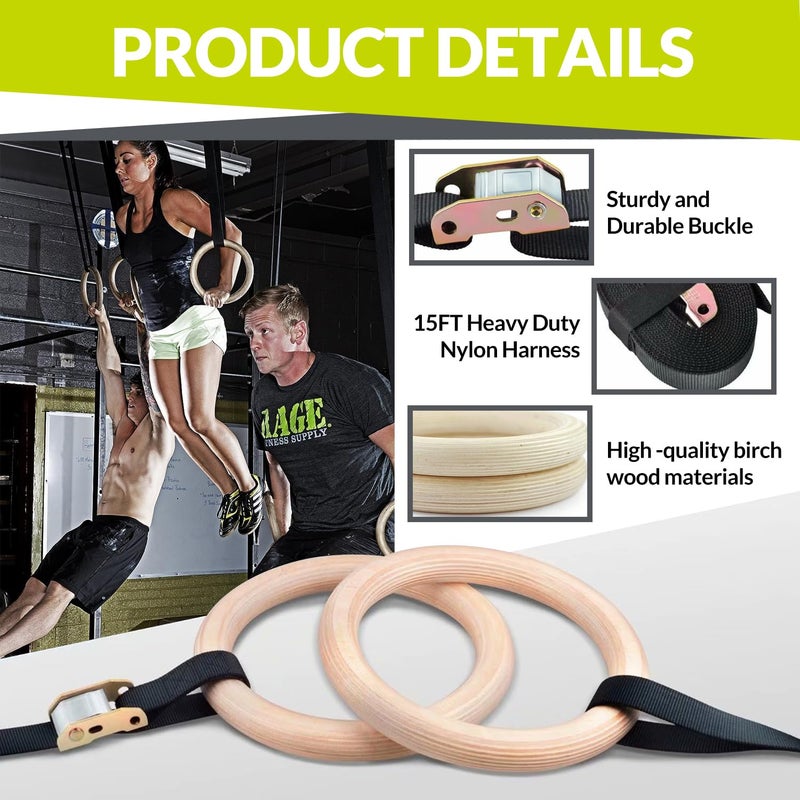 GISCO خواتم الجمباز الخشبية | 28 مم | خواتم خشبية فاخرة مع أحزمة قابلة للتعديل للاستخدام الشاق لتدريب القوة، والكاليستينيكس، وكروس فيت، وتكييف العضلات - Image 3