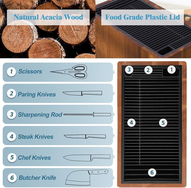 ENOKING XXL Acacia Wood Knife Holder – Large Universal Knife Block with Blade-Protecting Slots, Holds 26+ Knives, Scissors, and Sharpening Rods, Space-Saving Kitchen Storage Organizer - Image 3