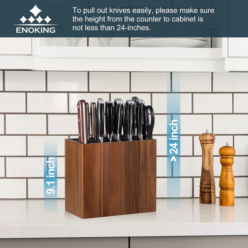 ENOKING XXL Acacia Wood Knife Holder – Large Universal Knife Block with Blade-Protecting Slots, Holds 26+ Knives, Scissors, and Sharpening Rods, Space-Saving Kitchen Storage Organizer - Image 5