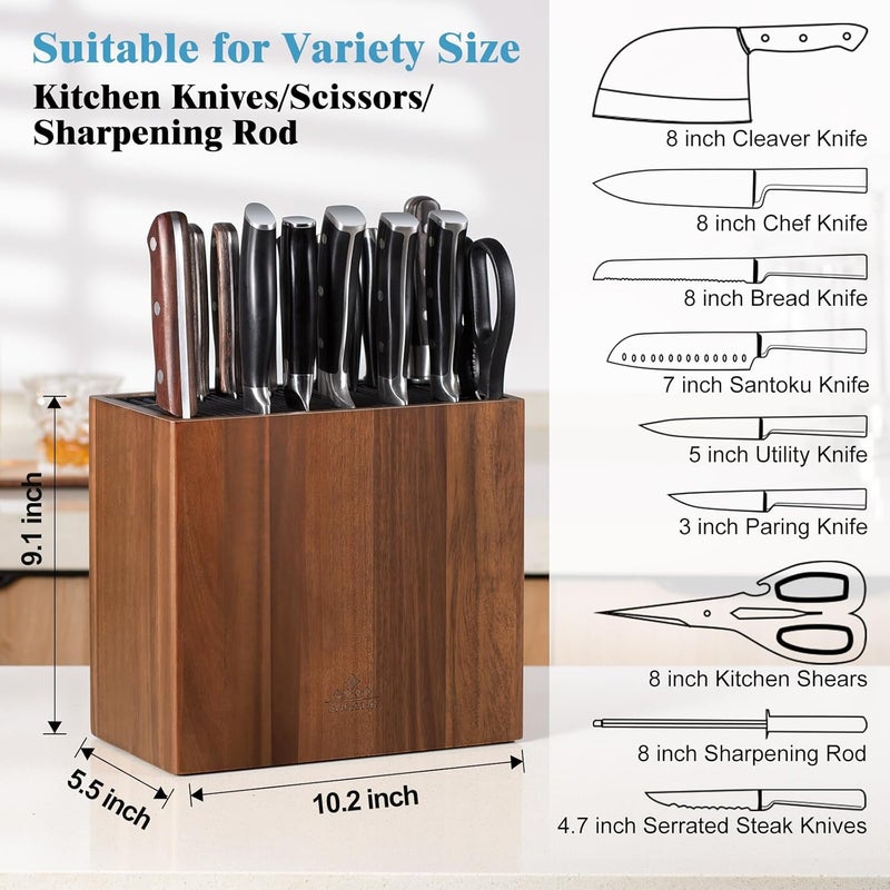 ENOKING XXL Acacia Wood Knife Holder – Large Universal Knife Block with Blade-Protecting Slots, Holds 26+ Knives, Scissors, and Sharpening Rods, Space-Saving Kitchen Storage Organizer - Image 4