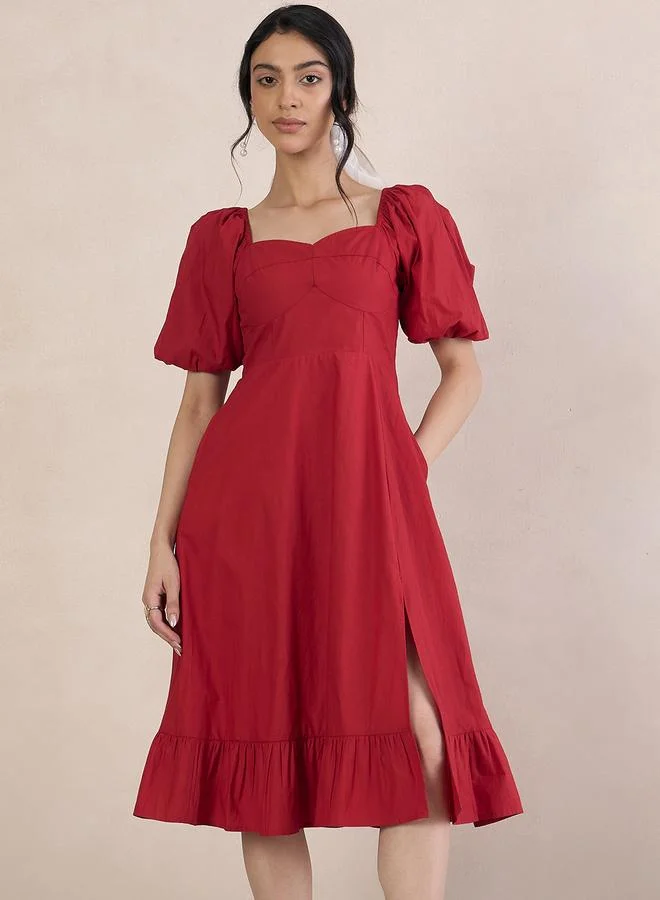 Femmella Red Poplin Sweetheart Neck Midi Dress