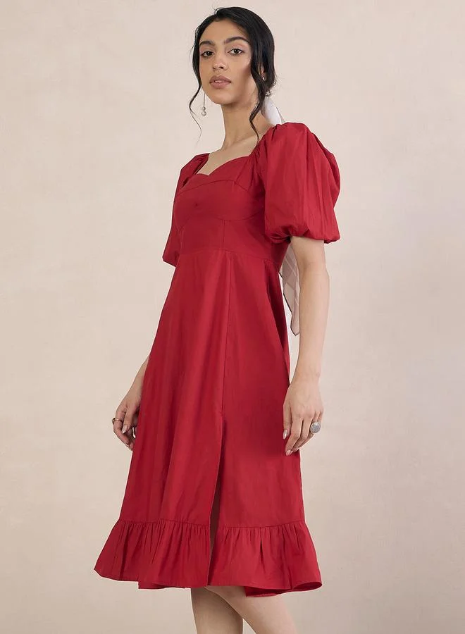 Femmella Red Poplin Sweetheart Neck Midi Dress