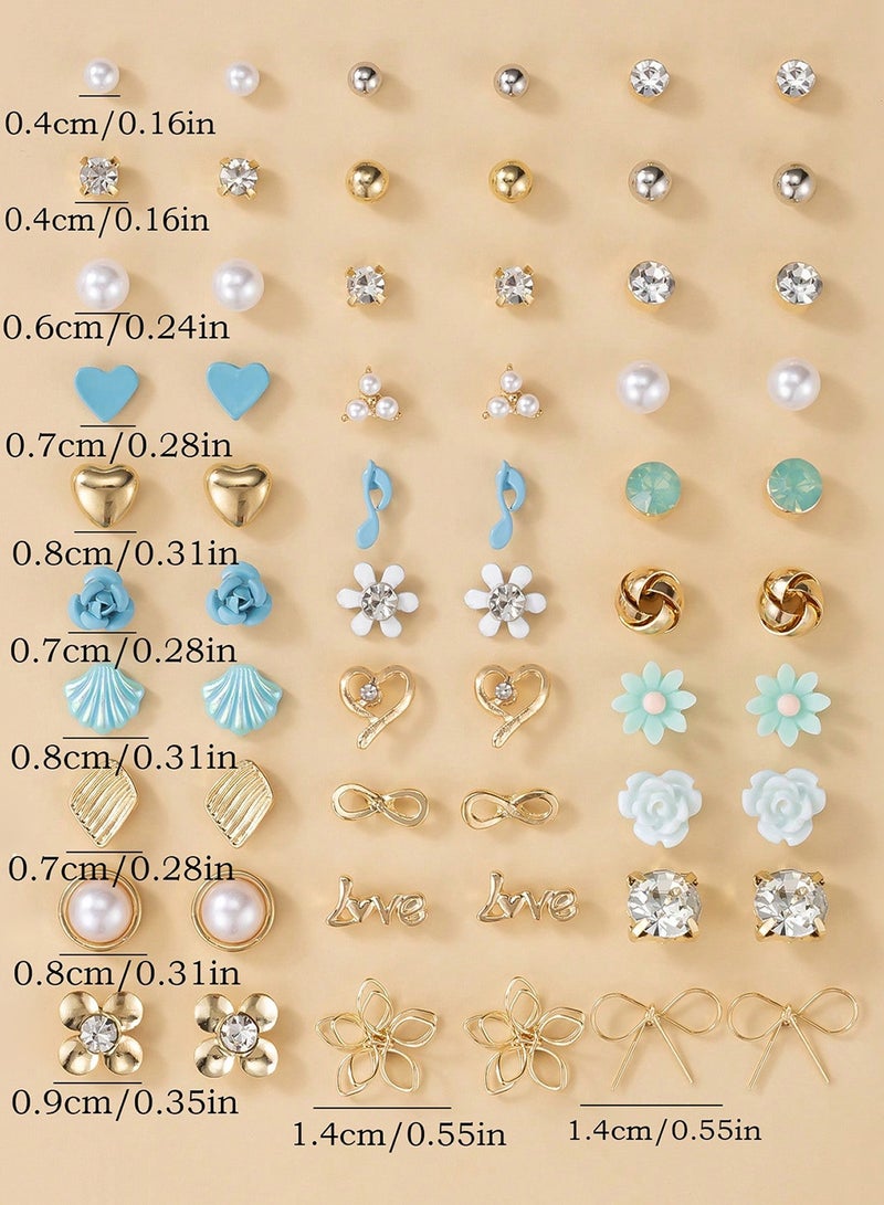 60 Pack Stud Earrings Set for Women and Girls Pearl, Crystal, Heart, Flower, Shell, Bow Designs Cute Fashion Jewelry Gift for Daily Wear, Eid, Party, Birthday  - Image 2