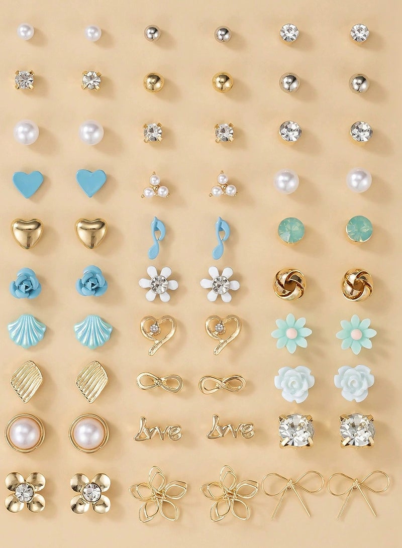 60 Pack Stud Earrings Set for Women and Girls Pearl, Crystal, Heart, Flower, Shell, Bow Designs Cute Fashion Jewelry Gift for Daily Wear, Eid, Party, Birthday  - Image 1