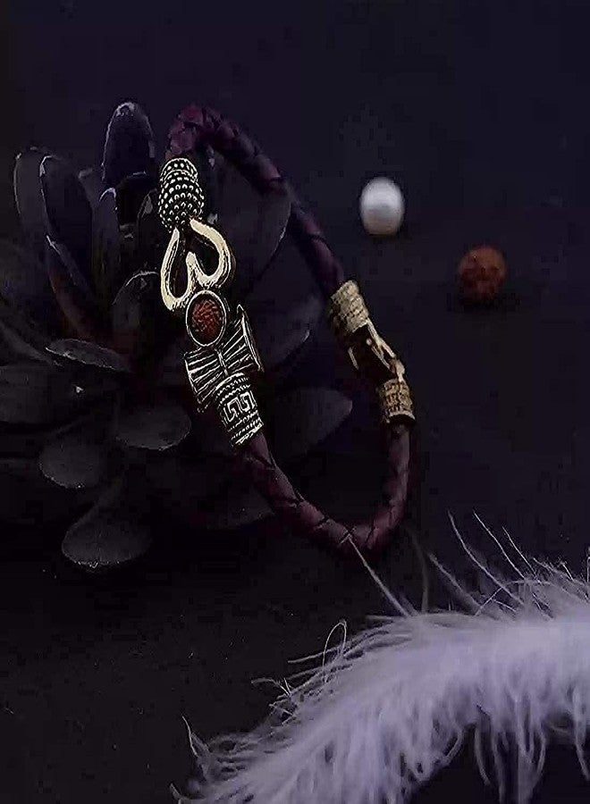 SONI DESIGNS سوني ديزاينز سوار جلد ماها ديف، ذهب مع أوم، ترشول، دامرو، رودرا كش سوار خاص للرجال - Image 3