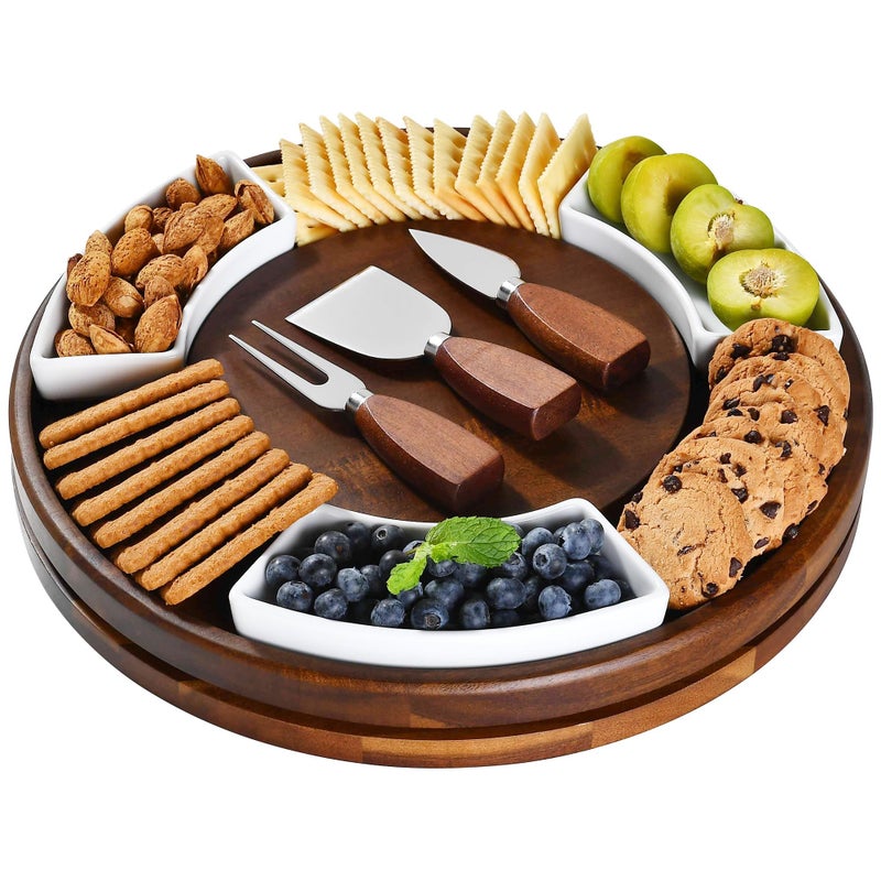 Shanik Acacia Wood Lazy Susan Cheese Board Set â€“ Rotating Charcuterie Platter, Elegant Serving Tray for Appetizers, Snacks, Parties & Weddings - Image 1