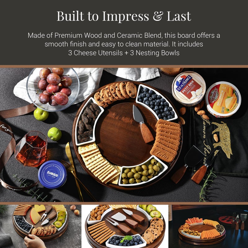 Shanik Acacia Wood Lazy Susan Cheese Board Set â€“ Rotating Charcuterie Platter, Elegant Serving Tray for Appetizers, Snacks, Parties & Weddings - Image 3