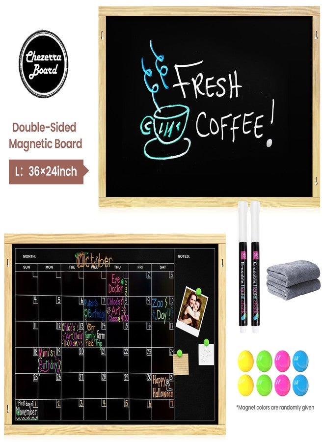 Chezerra 2-in-1 Double-Sided Magnetic Chalkboard 24"x16", Chalk Calendar Board & Large Blackboard for Kitchen & Home Decor, Schedule, Menu, Back-to-School Gift - Hanging Chalk Board with 2 Liquid Pens, Wood - Image 2
