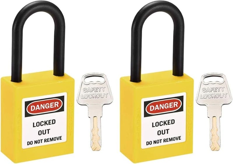 Lockout Tagout Safety Padlock Yellow Nylon Shackle 1 1 2 Inch Keyed Alike 2 Pack - Image 1