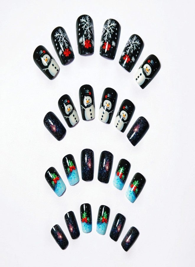 GRITOSE 24Pcs Black Christmas Press on Nails Medium Fake Nails Glitter Square False Nails with Snowman Snowflake Christmas Tree Design Acrylic Nails Press ons Christmas Glue on Nail Artificial Nail for Women - Image 3