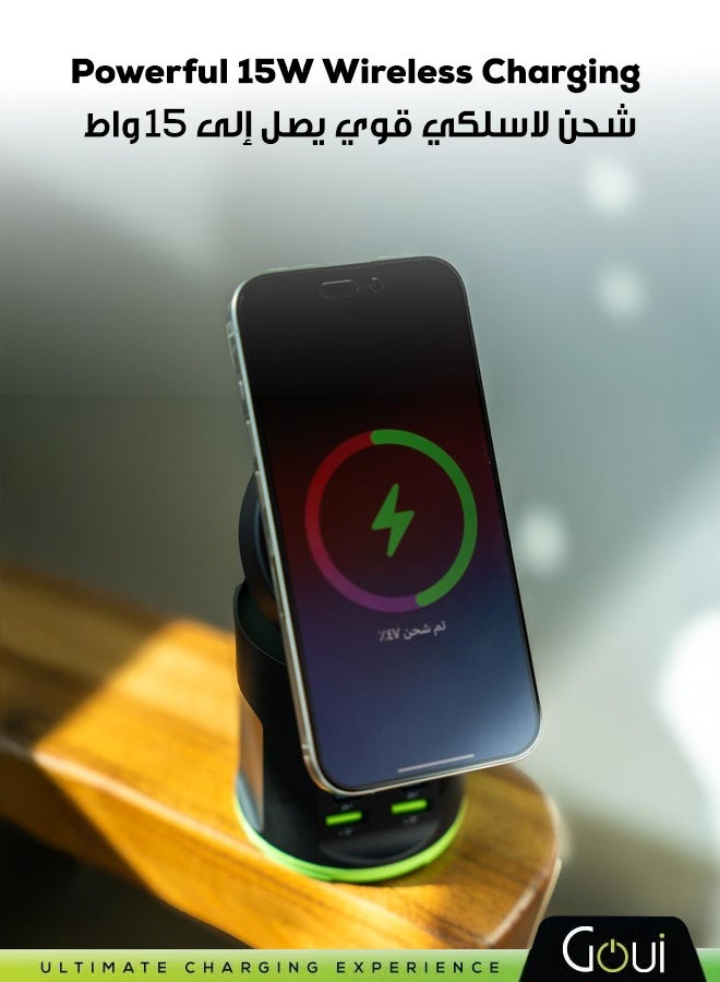 Goui 65W Boost Desktop Wireless Charger – 4-Port Fast Charging Station with PD & QC 3.0, 15W Wireless Charging (Qi & MagSafe Compatible), Digital Display, Multi-Device Charging Hub for Home & Office Black - Image 5