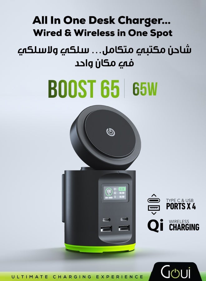 Goui 65W Boost Desktop Wireless Charger – 4-Port Fast Charging Station with PD & QC 3.0, 15W Wireless Charging (Qi & MagSafe Compatible), Digital Display, Multi-Device Charging Hub for Home & Office Black - Image 2