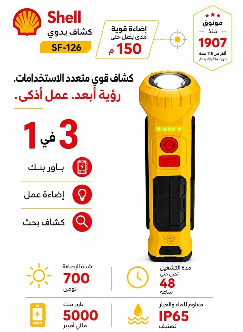 شل مصباح عمل LED قابل لإعادة الشحن من شيل | كشاف ضوئي ومصباح كشاف 3 في 1 COB | بطارية شحن خارجية 5000 مللي أمبير | قاعدة مغناطيسية | قابل للطي والدوران | مقاوم للماء IP65 | للاستخدام في المرآب والسيارة والتخييم والأماكن الخارجية - Image 2