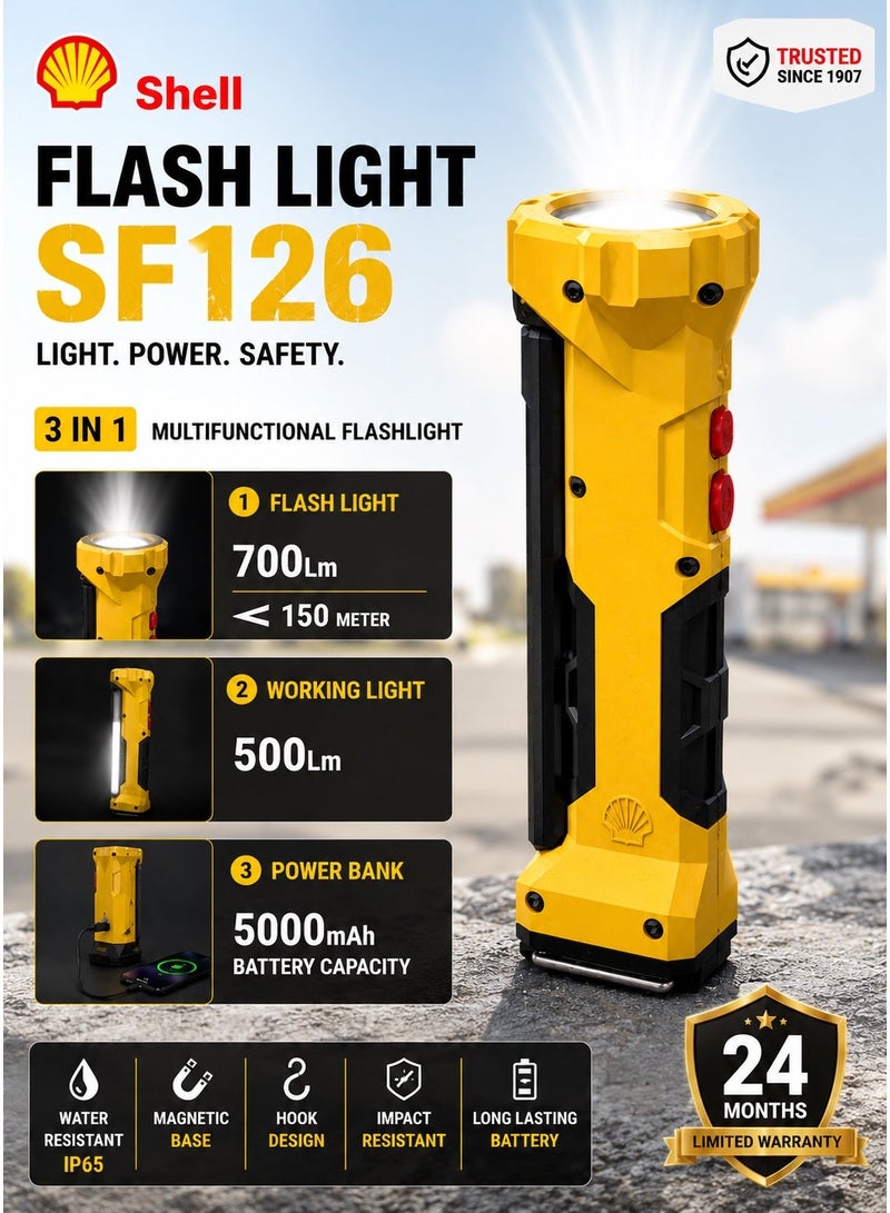 شل مصباح عمل LED قابل لإعادة الشحن من شيل | كشاف ضوئي ومصباح كشاف 3 في 1 COB | بطارية شحن خارجية 5000 مللي أمبير | قاعدة مغناطيسية | قابل للطي والدوران | مقاوم للماء IP65 | للاستخدام في المرآب والسيارة والتخييم والأماكن الخارجية - Image 1