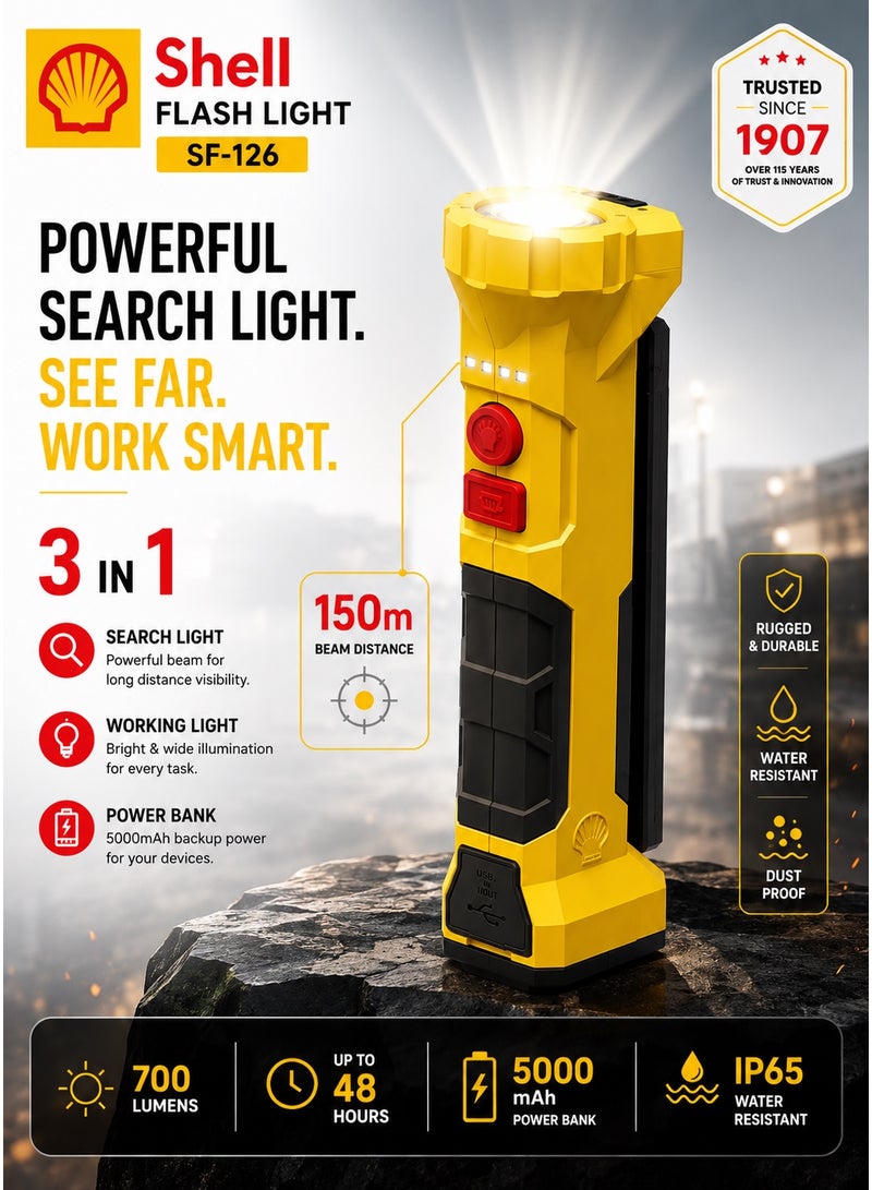 شل مصباح عمل LED قابل لإعادة الشحن من شيل | كشاف ضوئي ومصباح كشاف 3 في 1 COB | بطارية شحن خارجية 5000 مللي أمبير | قاعدة مغناطيسية | قابل للطي والدوران | مقاوم للماء IP65 | للاستخدام في المرآب والسيارة والتخييم والأماكن الخارجية - Image 1