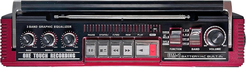 QFX J-220BT Red Boombox MP3 Conversion from Radio to Cassette with 4-Band (AM, FM, SW1, SW2) Radio with Bluetooth, Dual 3” Speakers, Built-in Microphone, Recorder, and a 3-Band Equalizer - Image 3