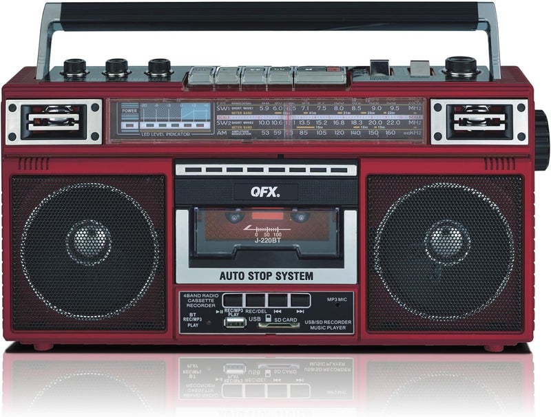 QFX J-220BT Red Boombox MP3 Conversion from Radio to Cassette with 4-Band (AM, FM, SW1, SW2) Radio with Bluetooth, Dual 3” Speakers, Built-in Microphone, Recorder, and a 3-Band Equalizer - Image 1