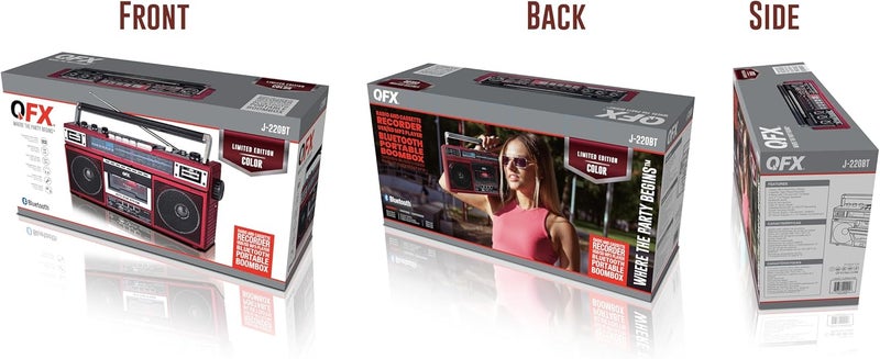 QFX J-220BT Red Boombox MP3 Conversion from Radio to Cassette with 4-Band (AM, FM, SW1, SW2) Radio with Bluetooth, Dual 3” Speakers, Built-in Microphone, Recorder, and a 3-Band Equalizer - Image 5