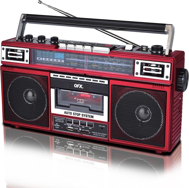 QFX J-220BT Red Boombox MP3 Conversion from Radio to Cassette with 4-Band (AM, FM, SW1, SW2) Radio with Bluetooth, Dual 3” Speakers, Built-in Microphone, Recorder, and a 3-Band Equalizer - Image 2
