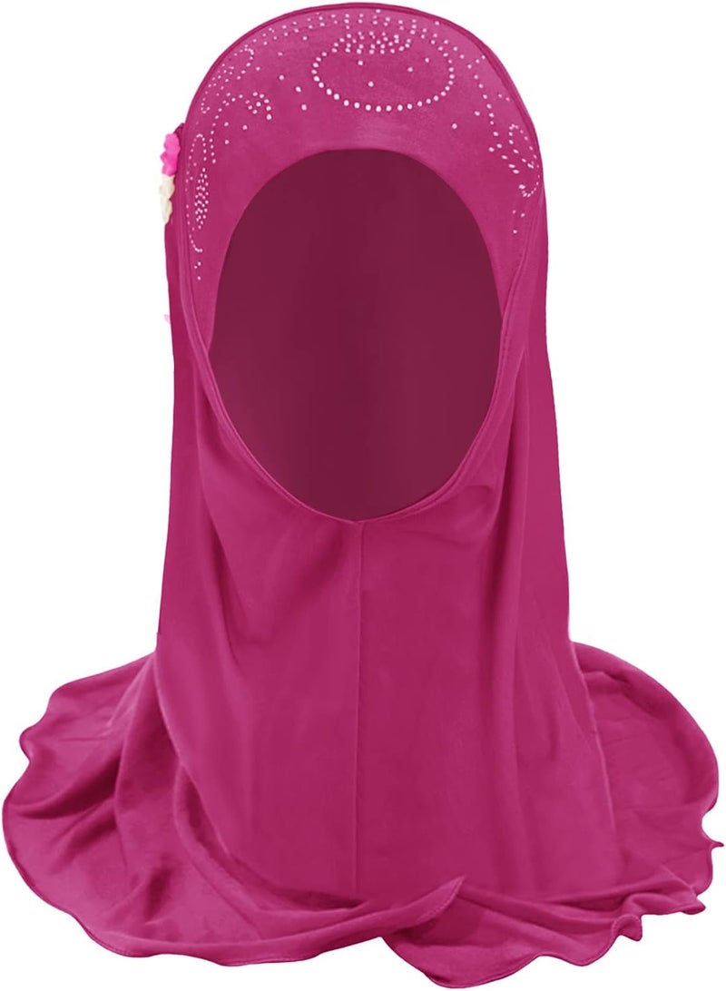 NICEYST Girls Ice Silk Muslim Khimar Hijab Headscarf Flower Arab Scarf Shawls Neck Wrap Islamic Head Wrap for Age 2-7 Years - Image 3