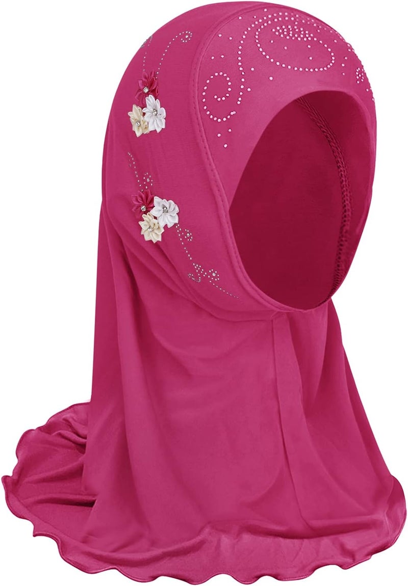 NICEYST Girls Ice Silk Muslim Khimar Hijab Headscarf Flower Arab Scarf Shawls Neck Wrap Islamic Head Wrap for Age 2-7 Years - Image 1