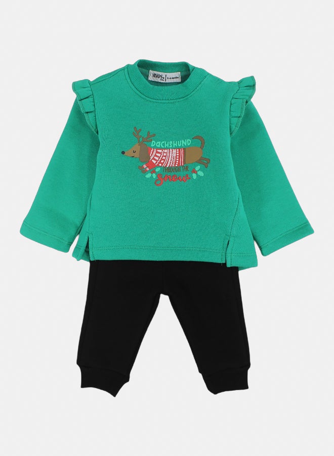 اوركيدز طقم بيجامة أطفال بنات خضراء بطبعة كلب داشهند في الثلج - Image 1