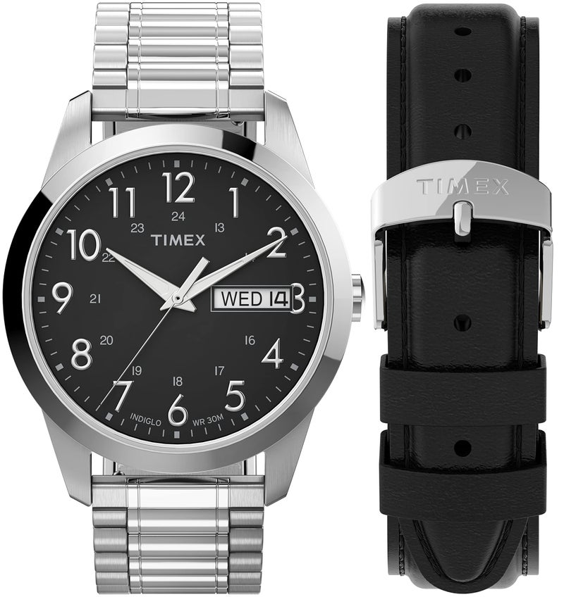 Timex Men's South Street Sport 36mm Watch Box Set â€“ Silver-Tone Case Black Dial with Silver-Tone Expansion Band + Black Leather Strap - Image 1