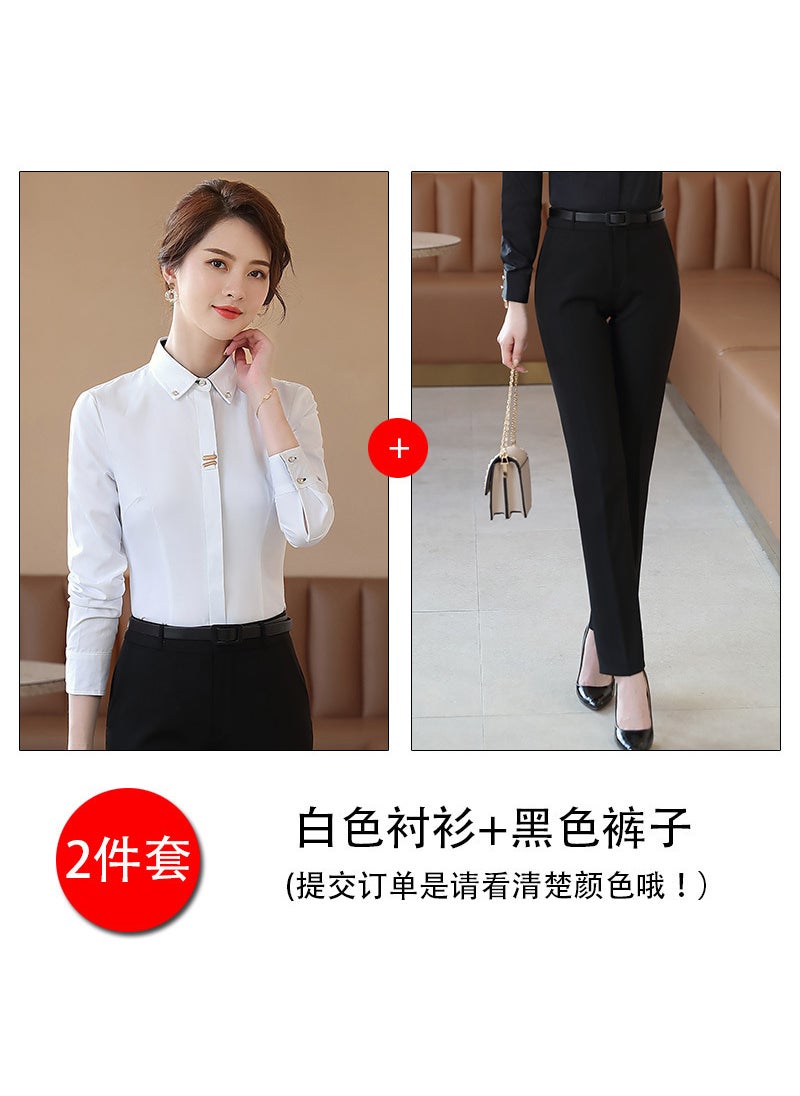 Generic Thickened Fleece Black Long Sleeve Shirt Womens Professional Work Uniform Formal Autumn Winter Base Layer Warm Blouse White shirt black pants 