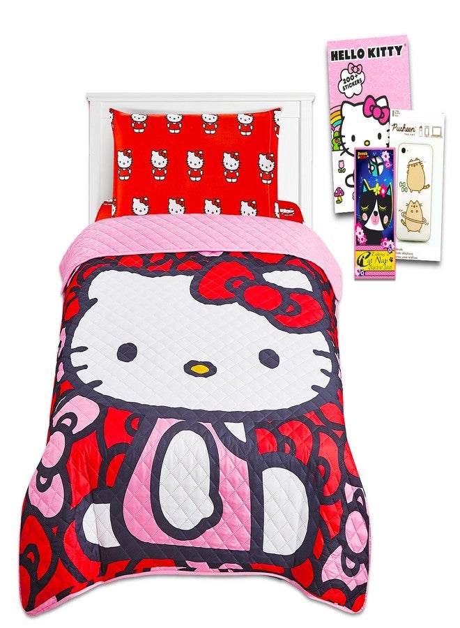 Hello Kitty Bedding Set Twin Bed - Bundle with Bedspread, Flat Sheet, Fitted Sheet, and Pillowcase for Twin Bed Plus Stickers, More - Image 1