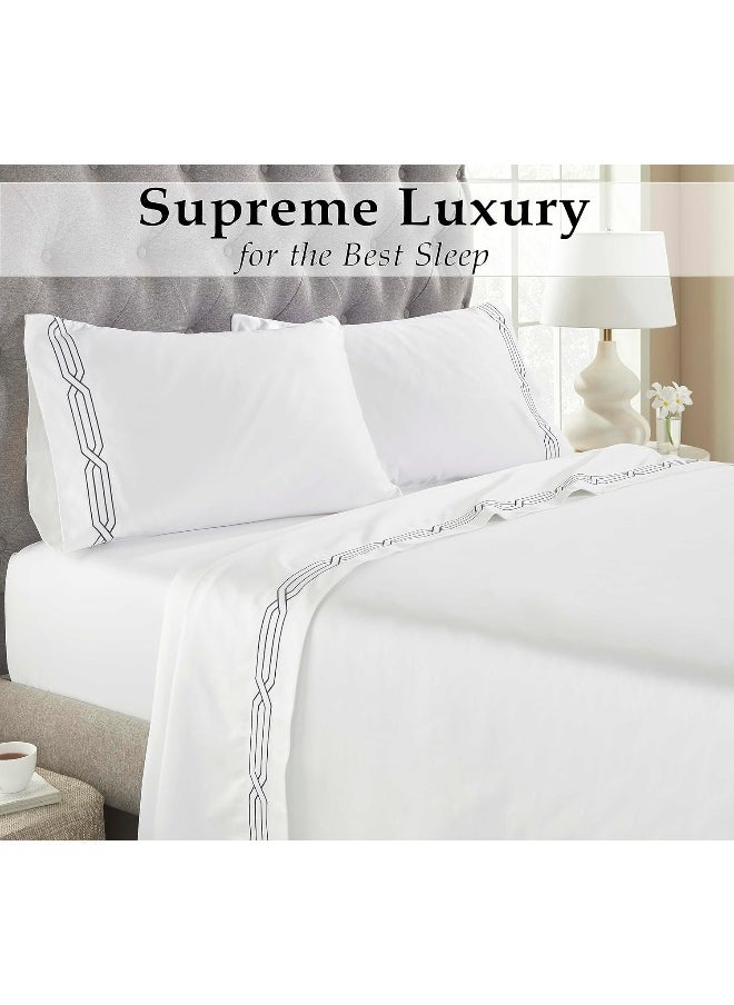 Superior SUPERIOR Egyptian Cotton 1200 Thread Count Embroidered Sheet Set, Includes 1 Deep Pocket Elasticized Fitted Sheet, 1 Flat Sheet, 2 Pillowcases, Bedding Essentials Decor, King, White/Charcoal  - Image 5