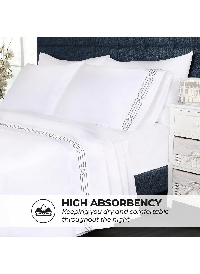 Superior SUPERIOR Egyptian Cotton 1200 Thread Count Embroidered Sheet Set, Includes 1 Deep Pocket Elasticized Fitted Sheet, 1 Flat Sheet, 2 Pillowcases, Bedding Essentials Decor, King, White/Charcoal  - Image 4