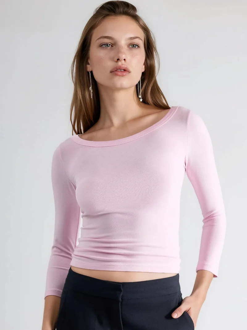 بوسيم BUSEM Crew Neck Ribbed Long Sleeve Blouse