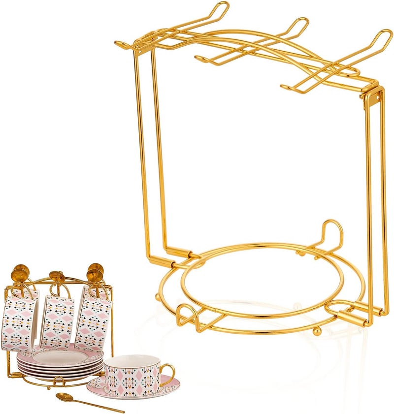 CHILDIKE Teacups and Saucers Display Stand, Tea Cup Holder, Metal Foldable Storage Rack for Espresso and Cappuccino Cup - Gold - Image 1