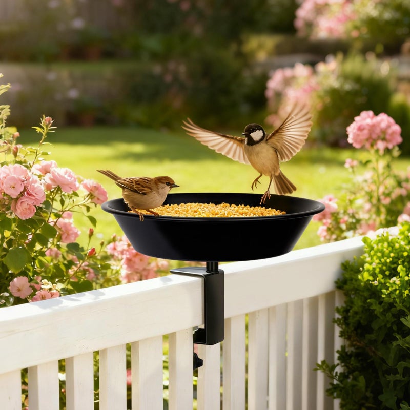 BOLITE Balcony Bird Feeder for Deck Railing, BOLITE Deck Mounted with Seed Tray for Outdoors, Adjustable Heavy Duty Sturdy Steel, Garden Decoration, Black, Gifts for Men Women - Image 2