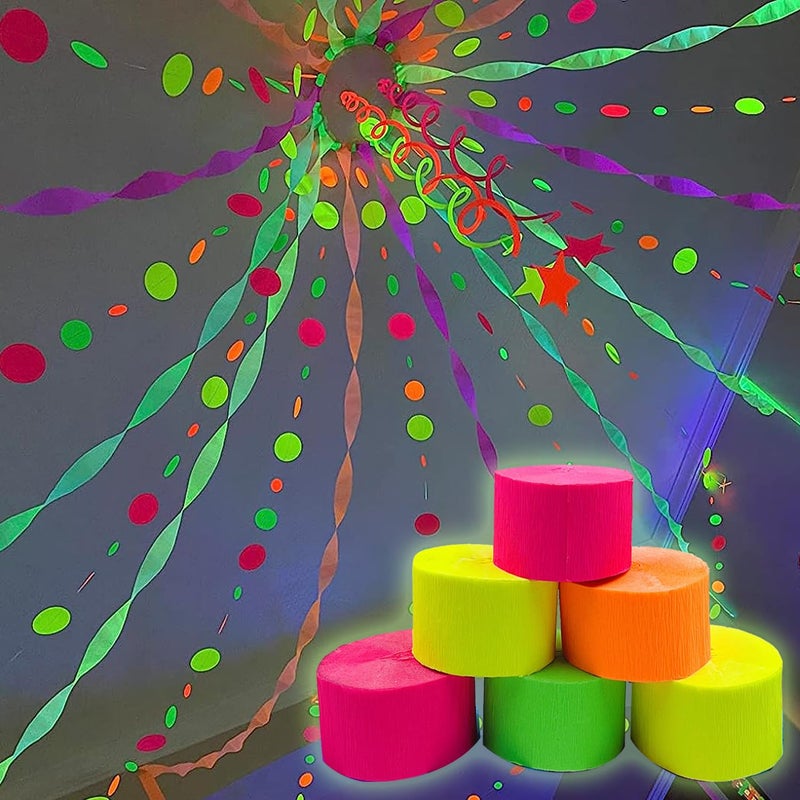 WELITTCON 400 feet Glow Party Neon Streamer Decorations Glow Crepe Paper Streamers UV Reactive Fluorescent Neon Paper Streamers Glow in The Dark Party Supplies and Decorations Wedding Birthday Blacklight Party - Image 3