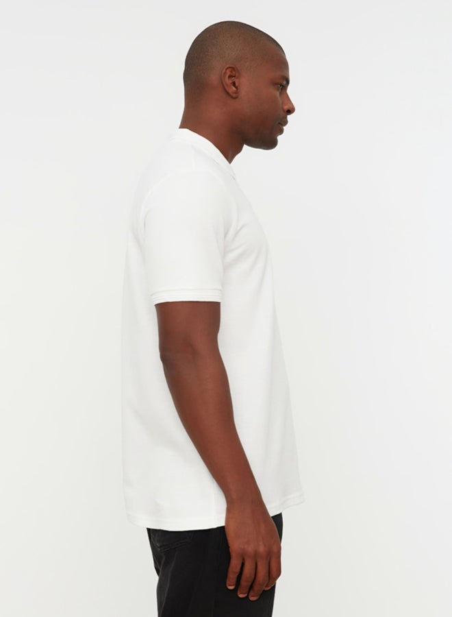 trendyol White Slim/Narrow Cut Collar Striped Basic 100% Cotton Polo Neck T-Shirt - Image 5