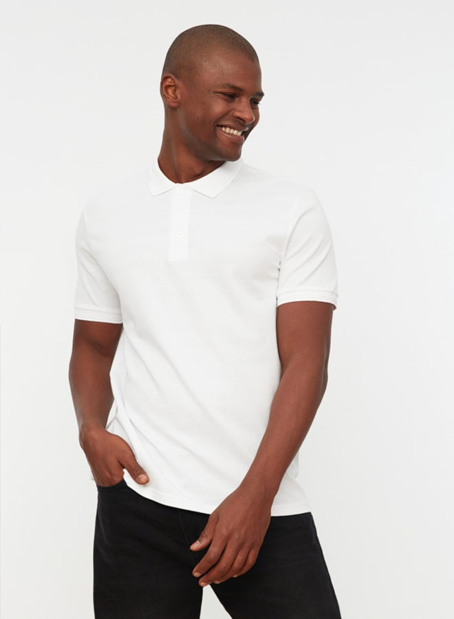 trendyol White Slim/Narrow Cut Collar Striped Basic 100% Cotton Polo Neck T-Shirt - Image 3