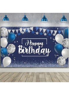 Tatuo Happy Birthday Decorations Backdrop Glitter Birthday Backdrop Sign Happy Birthday Banner Birthday Party Supplies Photo Background For Children Men Women 72.8 X 43.3 Inch (Silver And Navy Blue)  - Image 1